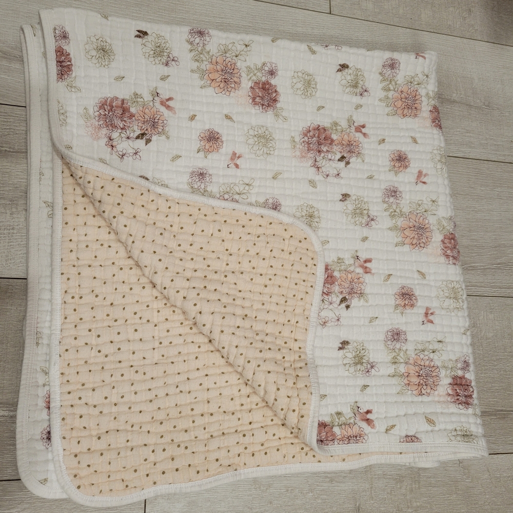 Aden+anaus Muslin Floral Cream and Pink Quilted Blanket 47x47 100% Cotton